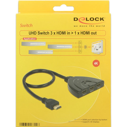Delock 3 x hdmi in > 1 x hdmi out hdmi switch (zwart, 50 centimeter, 4k)