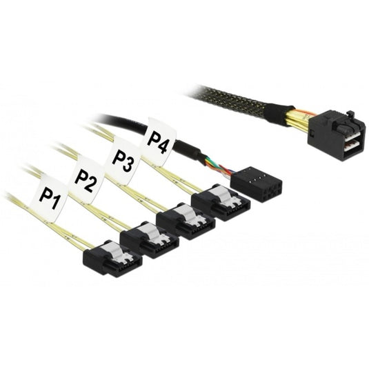 Delock interne minisas-hd sff-8643 naar 4x 7-pin sata adapterkabel (zwart, 1 meter, met sideband)
