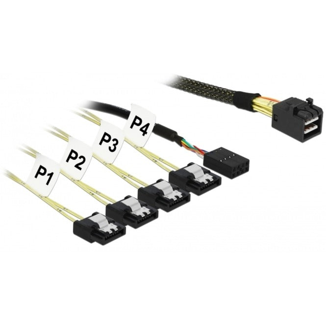 Afbeelding laden in galerijviewer, Delock interne minisas-hd sff-8643 naar 4x 7-pin sata adapterkabel (zwart, 1 meter, met sideband)
