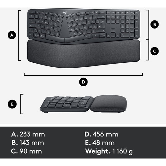 Logitech k860 ergo keyboard (zwart, 100%, bluetooth, us international iso)