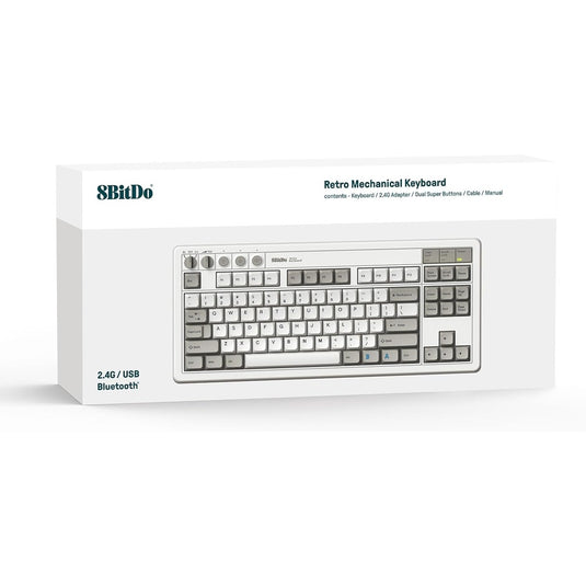 8bitdo retro mechanical keyboard m edition (grijs, us lay-out (qwerty), kailh box white, 80% (tkl), bluetooth low energy, wireless 2.4g, usb)