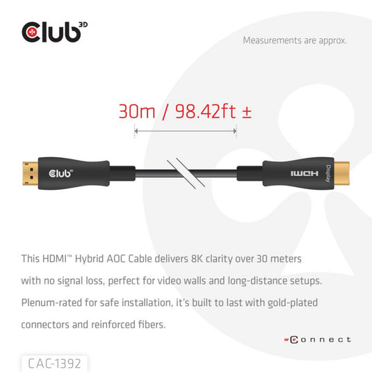 Club 3d hdmi hybride aoc kabel (zwart, 30 meter)