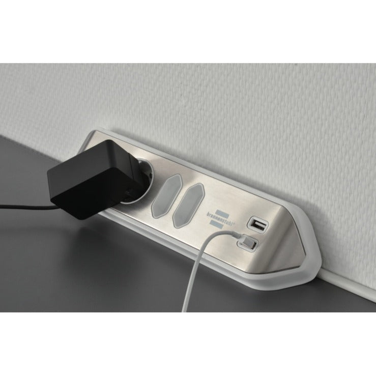 Afbeelding laden in galerijviewer, Brennenstuhl ®estilo hoekaansluitdoosstrook met usb laadfunctie 4-weg 2x beschermende contactdozen 2x euro zilver wit
