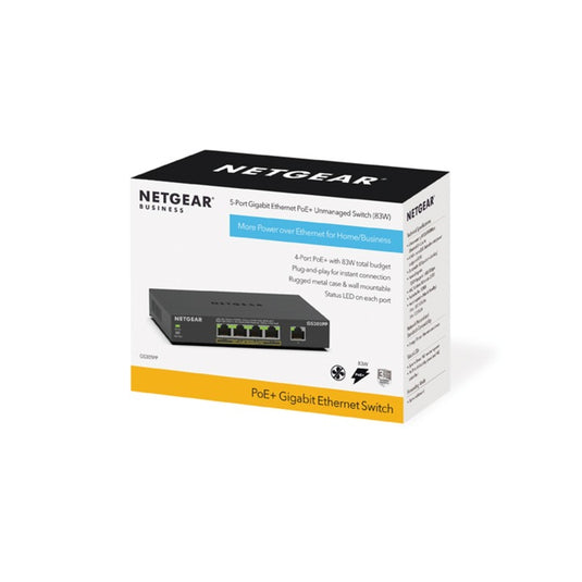 Netgear 5-port gigabit ethernet poe+ unmanaged switch (gs305pp) (zwart)