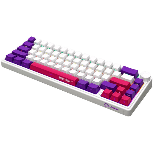 Lorgar kbp70mw rgb mechanisch gaming toetsenbord (wit, us lay-out (qwerty), logar toxic purple, 65%, rgb, hot-swappable, pbt double-shot, bluetooth | 2.4ghz | usb)
