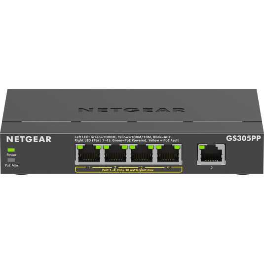 Netgear 5-port gigabit ethernet poe+ unmanaged switch (gs305pp) (zwart)