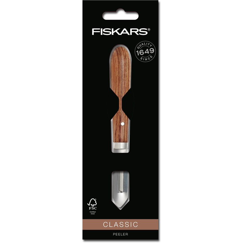 Afbeelding laden in galerijviewer, Fiskars classic schiller links 5 cm mes (houtkleur, dunschiller | fsc-gecertificeerd sucupira hout | rvs)

