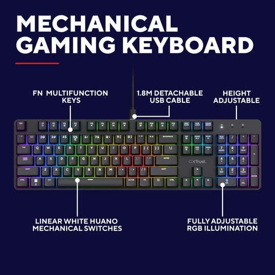 Trust gxt 871 zora mechanisch gaming toetsenbord (zwart, us lay-out (qwerty), huano red, 100%, rgb)