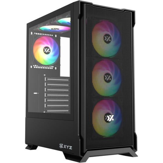 Xyz pc gear airone 300-x mesh midi tower behuizing (zwart | 1x usb-a | 1x usb-c | tempered glass)