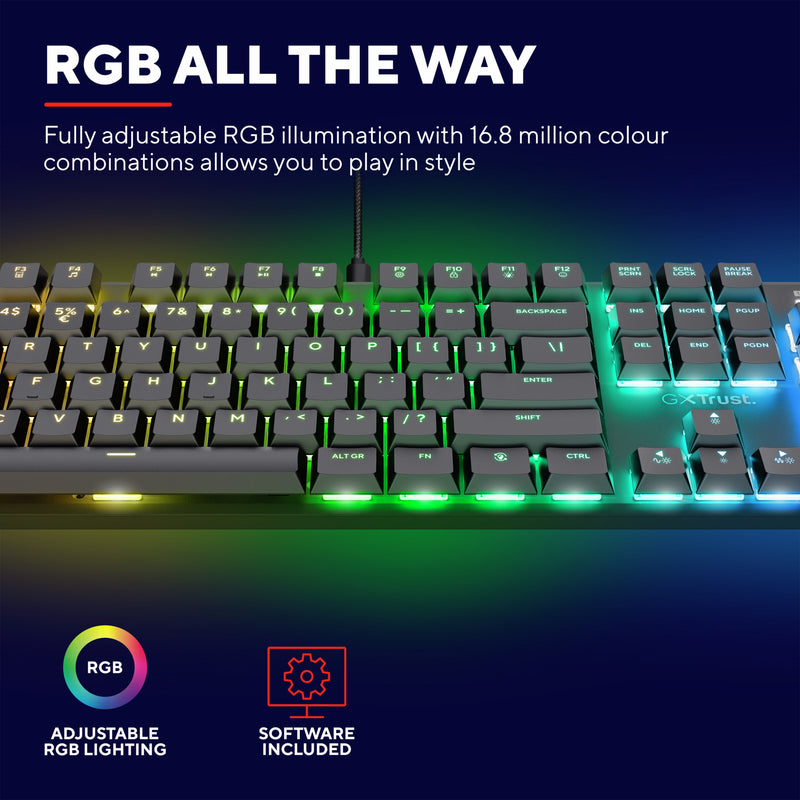 Afbeelding laden in galerijviewer, Trust gxt 866 torix mechanisch gaming toetsenbord (zwart, us lay-out (qwerty), huano red, 100%, rgb)
