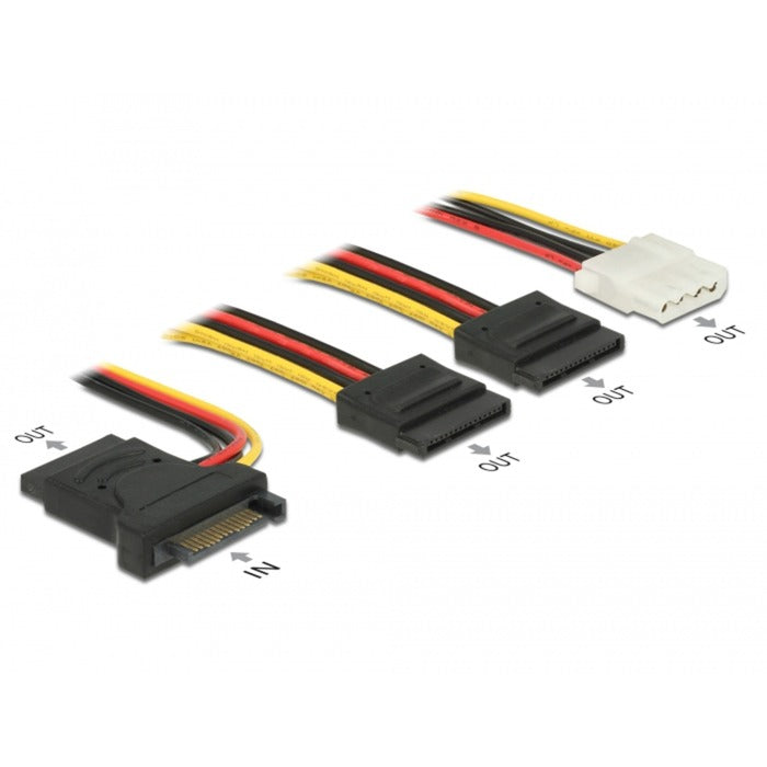 Afbeelding laden in galerijviewer, Delock sata 15 pin plug > 3 x sata receptacle + 1 x molex 4 pin female (pcb) kabel (20 cm)
