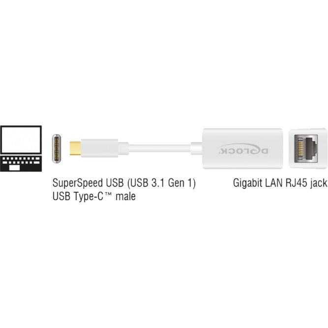 Afbeelding laden in galerijviewer, Delock superspeed usb-c (usb 3.1 gen 1) male > gigabit lan 10 100 1000 mbps compact adapter (wit, 0,135 meter)

