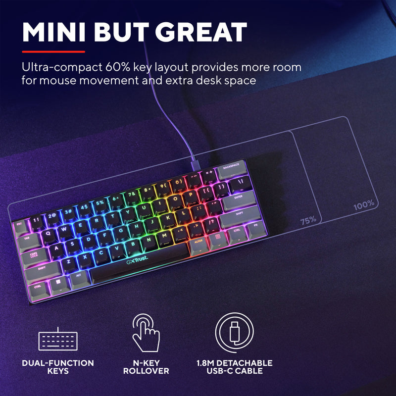 Afbeelding laden in galerijviewer, Trust gxt 867 acira 60% mini mechanisch gaming toetsenbord (zwart, us lay-out (qwerty), outemu red, 60%, rgb)
