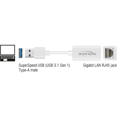 Delock superspeed usb-a (usb 3.1 gen 1) male > gigabit lan 10 100 1000 mbps compact adapter (wit, 0,127 meter)