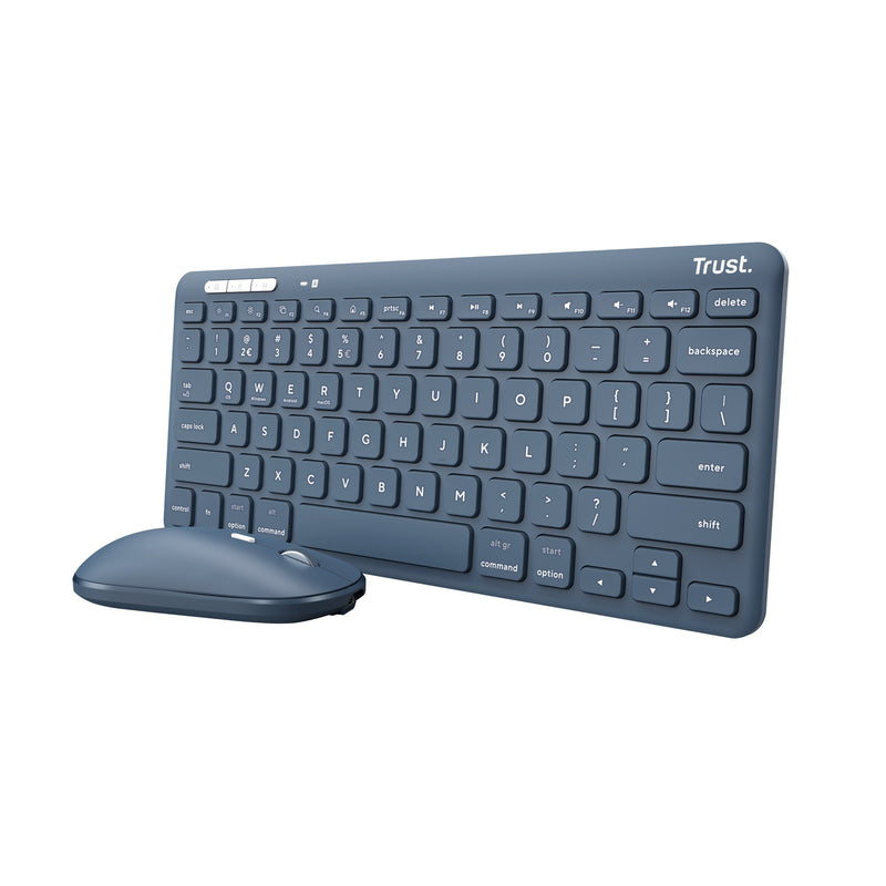 Afbeelding laden in galerijviewer, Trust lyra multi-device wireless keyboard mouse, desktopset (blauw, us lay-out, scissor switches, 800 - 1.600 dpi, 2,4 ghz usb, bluetooth, 65%)

