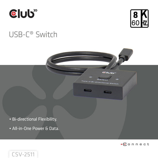 Club 3d usb-c bi-directional video + data + pd switch usb-switch (zwart)