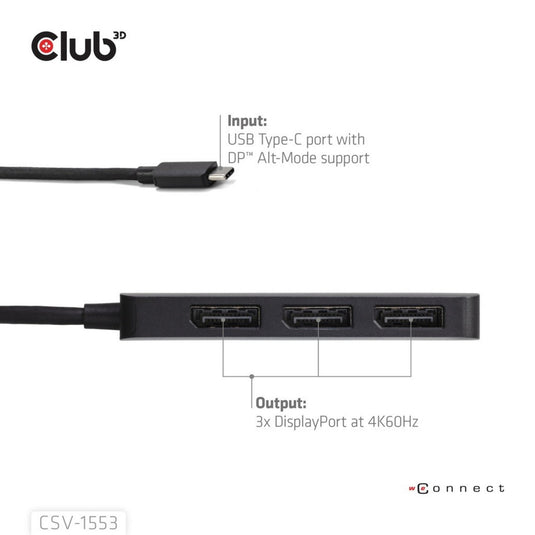 Club 3d usb-c naar 3x displayport hub (zwart)
