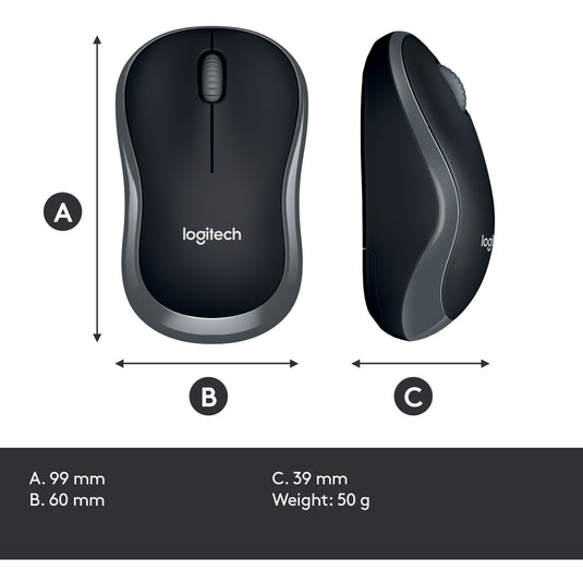 Muis logitech m185 grijs, zwart