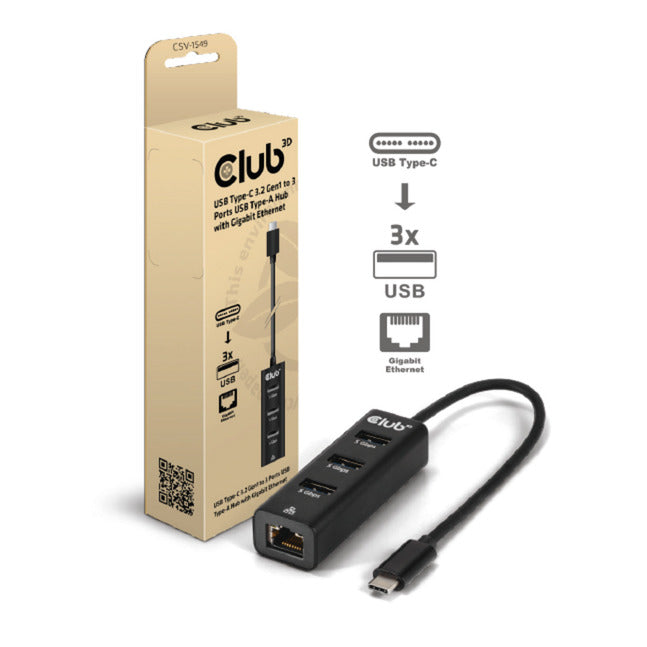 Afbeelding laden in galerijviewer, Club 3d usb‑c 3.2 gen 1 naar 3x usb‑a + ethernet dockingstation (zwart)
