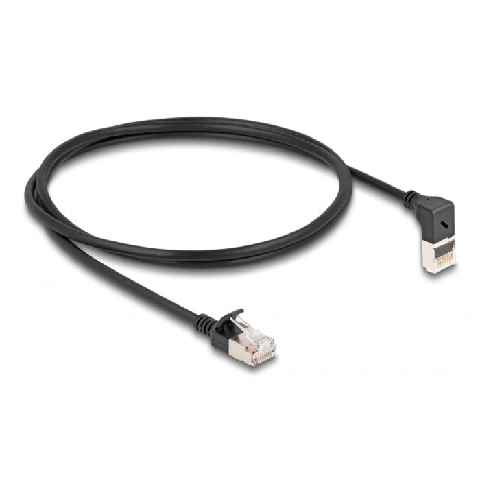 Afbeelding laden in galerijviewer, Delock rj45 network cable cat.6a s ftp slim 90° upwards angled straight 1 m kabel (zwart)
