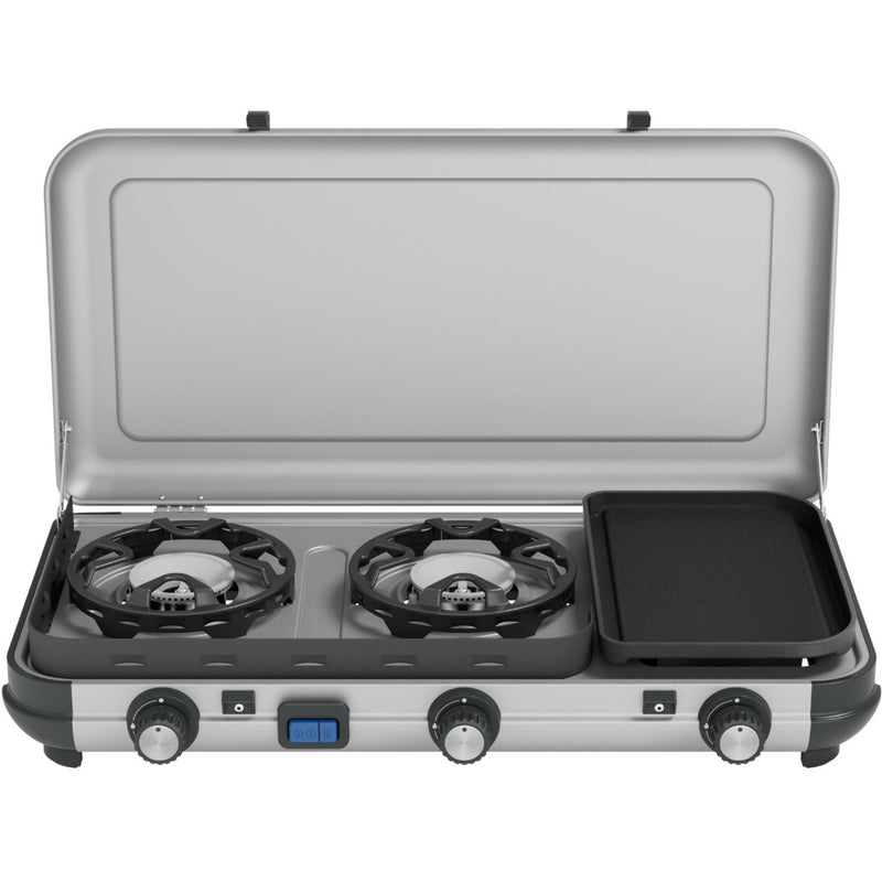Afbeelding laden in galerijviewer, Campingaz camping kitchen 2 multi-cook campingkooktoestel – 3-delig kookoppervlak – elektronische ontsteking - zilvergrijs
