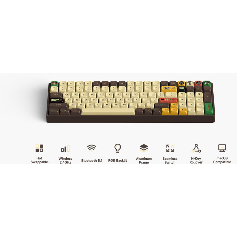Afbeelding laden in galerijviewer, Iqunix f97 happy ape wireless mechanical keyboard (bruin, us lay-out (qwerty), ttc holy panda, 96%, rgb leds, hot-swappable, pbt, 2.4ghz | bluetooth 5.1 | usb-c)

