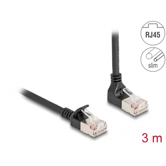 Afbeelding laden in galerijviewer, Delock rj45 network cable cat.6a s ftp slim 90° upwards angled straight 3 m kabel (zwart)
