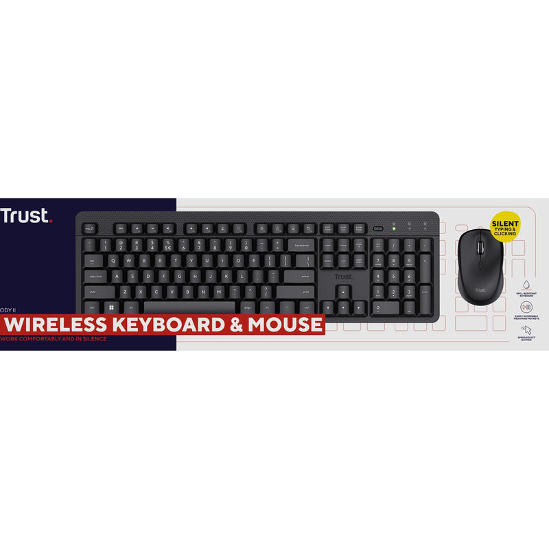 Afbeelding laden in galerijviewer, Trust ody ii stille draadloze toetsenbord- en muisset desktopset (zwart, us lay-out (qwerty), membraan, 100%, 800 dpi - 1.600 dpi)
