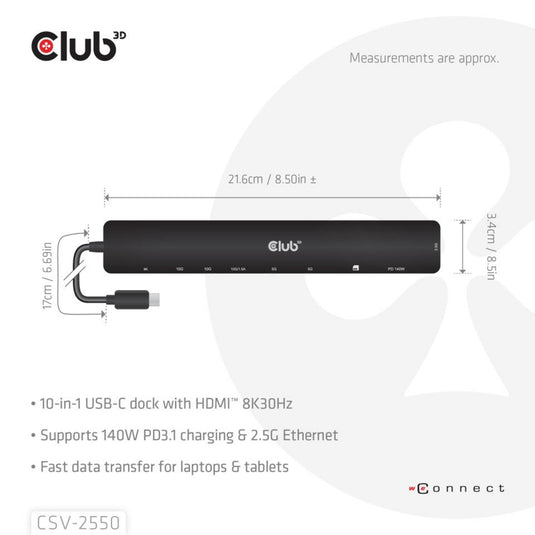 Club 3d 10-1 portable dock usb type-c 10gbps to hdmi 8k30hz pd3.1 max.140 watt dockingstation (zwart, hdmi, usb-c, lan)