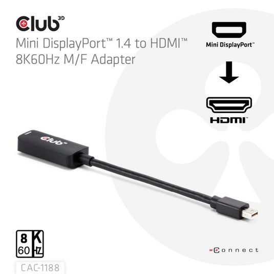 Club 3d mini displayport 1.4 naar hdmi 8k60hz m f adapter (zwart)