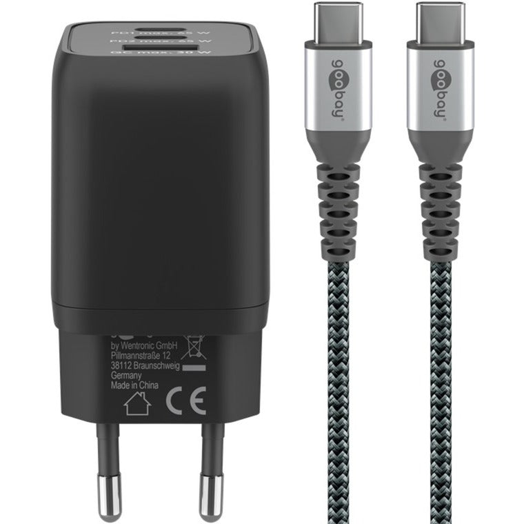 Afbeelding laden in galerijviewer, Goobay usb-c snellader nano (65 w) en usb-c textielkabel (zwart, 1 meter)
