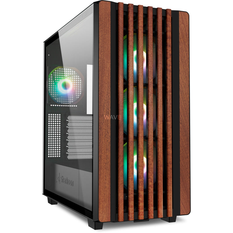 Afbeelding laden in galerijviewer, Sharkoon rebel c70g rgb midi tower behuizing (zwart houtkleur | 2x usb-a | 1x usb-c | rgb | tempered glass)
