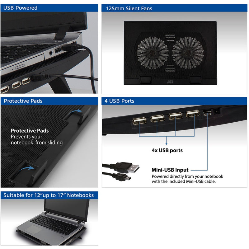 Afbeelding laden in galerijviewer, Act connectivity laptopstandaard, met ventilator, hoogte verstelbaar in 2 standen (zwart, 4-poorts usb 2.0 hub)
