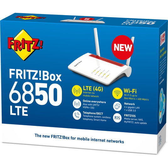 Fritz! box 6850 lte international wlan lte router (wit rood, 4g (lte), 3g 3g+ (umts hspa+), mesh wi-fi)