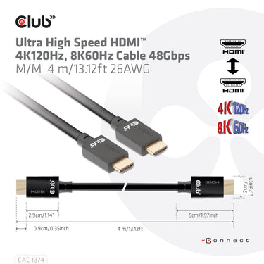 Club 3d ultra high speed hdmi 2.1 male-male kabel (zwart, 4 meter, 4k 120hz, 8k 60hz, 48gbps)