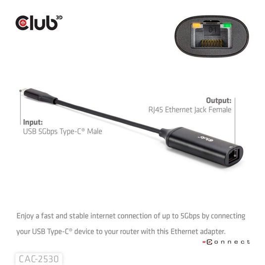Club 3d usb-c naar rj45 5gbps ethernet m f adapter (zwart)