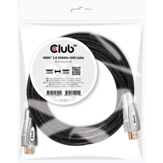 Club 3d hdmi 2.0 kabel (zwart zilver, 5 meter, 4k 60hz)