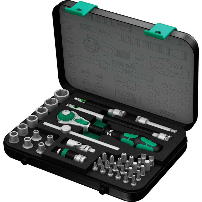 Afbeelding laden in galerijviewer, Wera 8100 sa 4 zyklop speed ratelset, 1 4 gereedschapsset (zwart groen, 41-delig, speedratel met draaibare kop)
