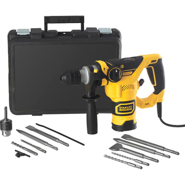 Stanley fatmax 1250w pneumatische boorhamer met 3-delige beitelset (geel zwart, sds+, met koffer)
