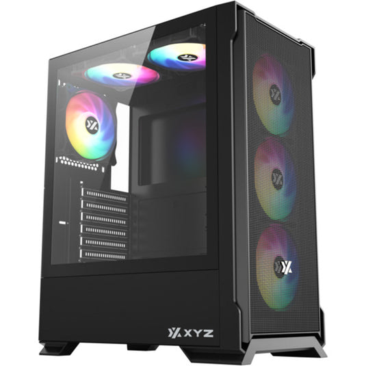 Xyz pc gear airone 300-x mesh midi tower behuizing (zwart | 1x usb-a | 1x usb-c | tempered glass)