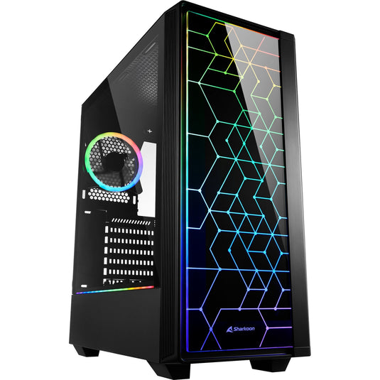 Sharkoon rgb lit 100 midi tower behuizing (zwart | 3x usb-a | rgb | window)