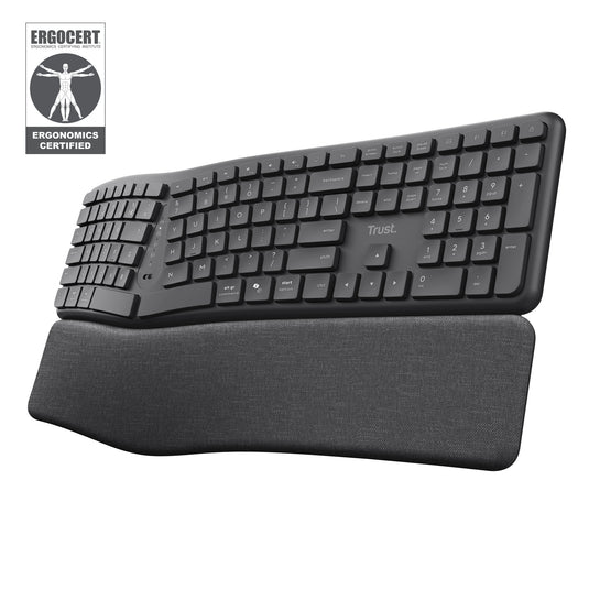 Trust keyra ergonomisch draadloos toetsenbord (zwart, us lay-out (qwerty), 100%, 2.4 ghz usb | bluetooth)