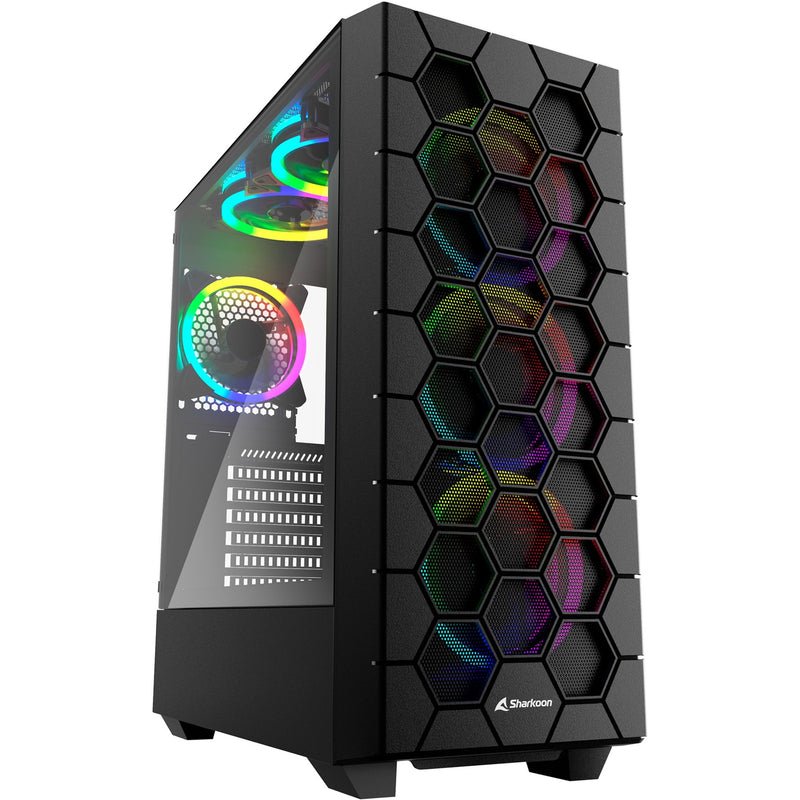 Afbeelding laden in galerijviewer, Sharkoon rgb hex midi tower behuizing (zwart | 2x usb-a | 1x usb-c | rgb | tempered glass)
