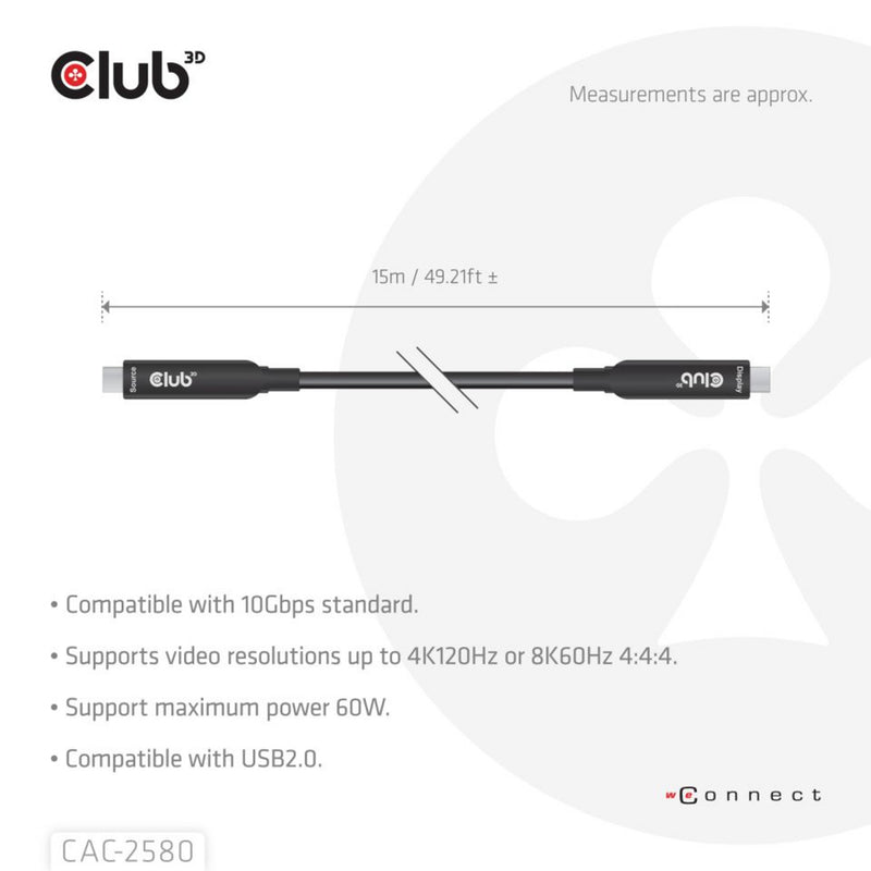 Afbeelding laden in galerijviewer, Club 3d full-feature usb-c kabel, 15m (zwart, 8k60hz 10gbps 60w)
