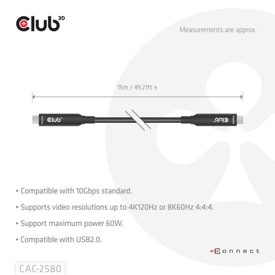 Club 3d full-feature usb-c kabel, 15m (zwart, 8k60hz 10gbps 60w)