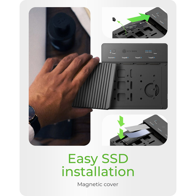 Afbeelding laden in galerijviewer, Icy box ib-4013mcl-c4 4-bays usb4® duplicator (1:3 klonen) dockingstation (zwart)
