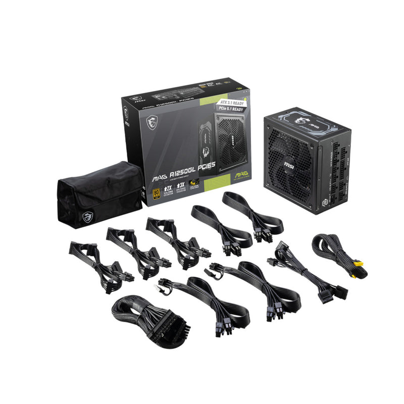Afbeelding laden in galerijviewer, Msi mag a1250gl pcie5 modulaire 1250 watt voeding (zwart, 1x 12v-2x6, 4x pcie)
