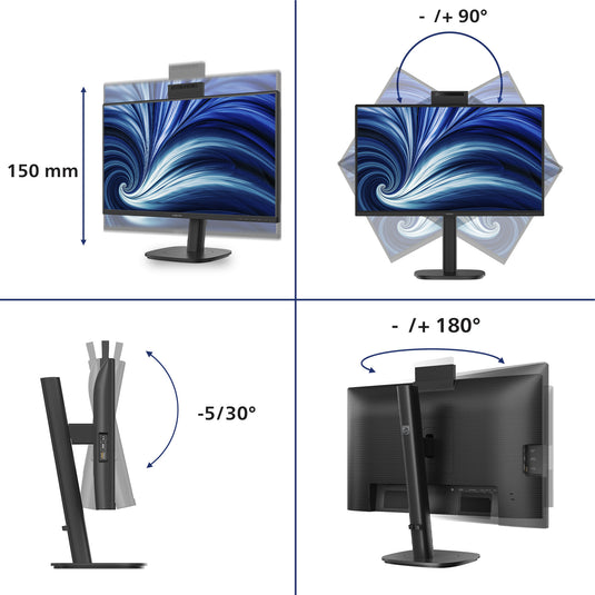 Philips 24b2n3200jh 00 23.8 monitor (zwart, vga, hdmi, displayport, usb-c, webcam, 120 hz)