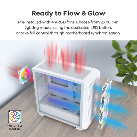 Montech x5m midi tower behuizing (wit | 2x usb-a | 1x usb-c | rgb | tempered glass)
