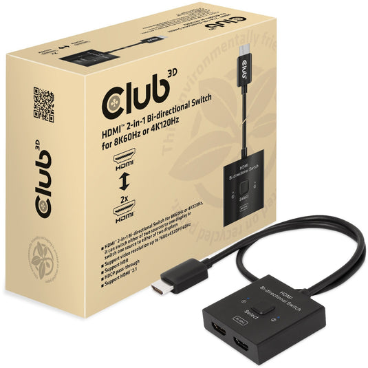 Club 3d hdmi switch 2-in-1 bi-directional for 8k60hz or 4k120hz (zwart, 0.5 meter)